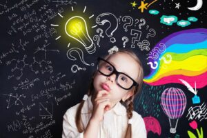 Pensive child school student with yellow lightbulb and school and childhood supplies design elements. Child ideas and development concept